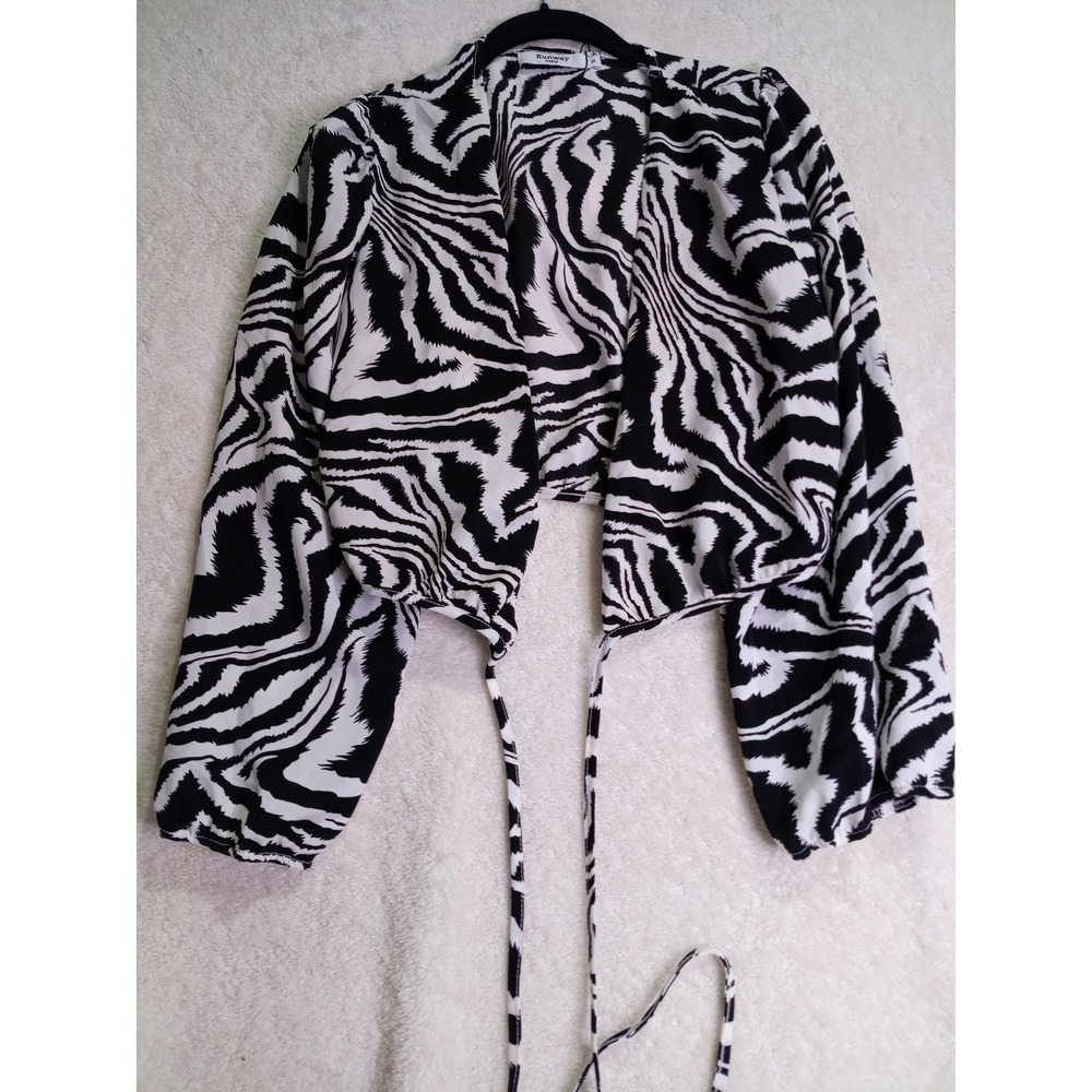 Runway Paris Zebra Print Tie Front Crop Top Balloon Sleeve Black White S (114)
